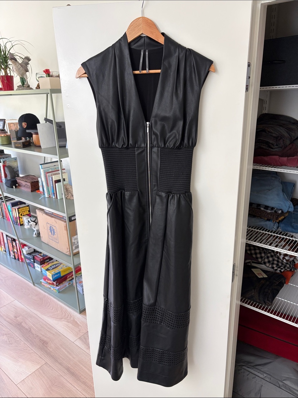 Anthropologie Black Faux-Leather Midi Dress with Front Zip